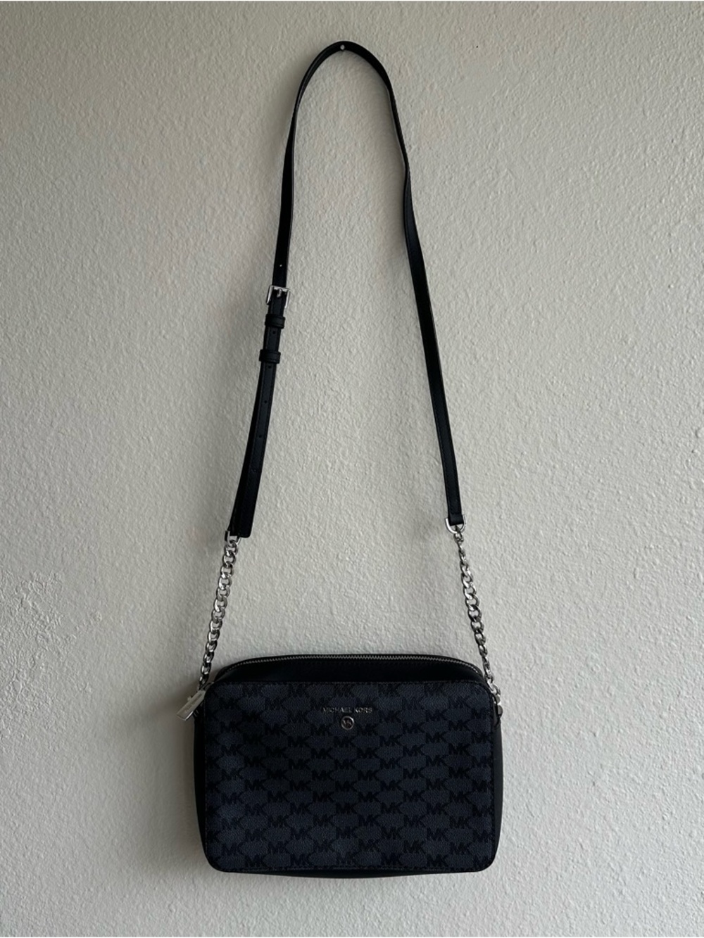 Michael Kors Black MK Signature Canvas Crossbody with Silver Chain